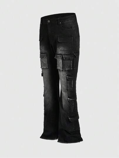 Street Life Men's Multi-Pocket Layered Flared Leg Jeans