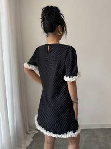 Chiquease Women Elegant Polka Dot Print Crew Neck Short Dress - Black - View 2