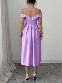 Rafferiza Elegante vestido rosa con escote hombros descubiertos, volantes en la cintura, talla grande, apropiado para uso diario, citas, fiestas - Púrpura malva - Ver 4