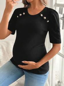 SHEIN Solid Color Ribbed Crew Neck Short Sleeve Maternity T-Shirt - Black - View 1