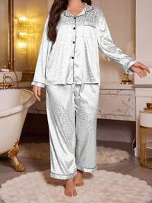 MuseNap CURVE Plus Size Leopard Print Jacquard Faux Silk Shawl Collar Top & Pants Sleepwear Set, Fall Winter Clothes - White - View 5
