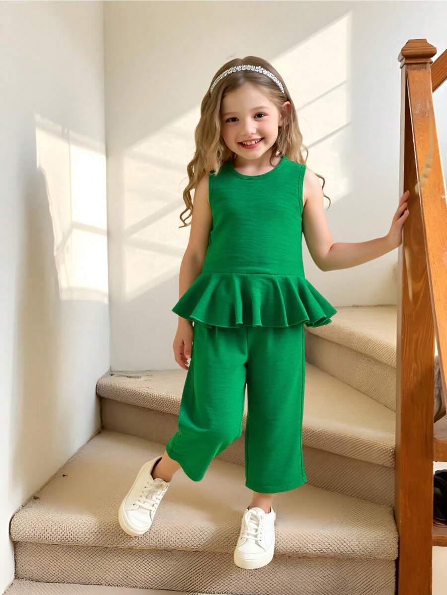 Set de 2 piezas con top sin mangas con volantes + pantalones anchos para niñas, outfit casual de vacaciones en la playa, a juego con hermana, azul - Verde - Ver 1