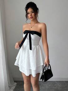 Elenzga Elegant Two-Tone Strapless Bow-Knot Lace Dress - White - View 5