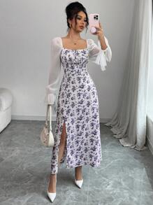 Elenzga Women's Long Dress, Square Neck, Net Mesh Fabric, Minimalist & Fashionable, Suitable For Summer