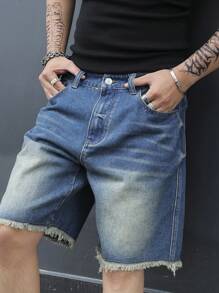 Manfinity EMRG Pantalones cortos vaqueros casuales para hombres con botones frontales, bolsillo y bordes deshilachados