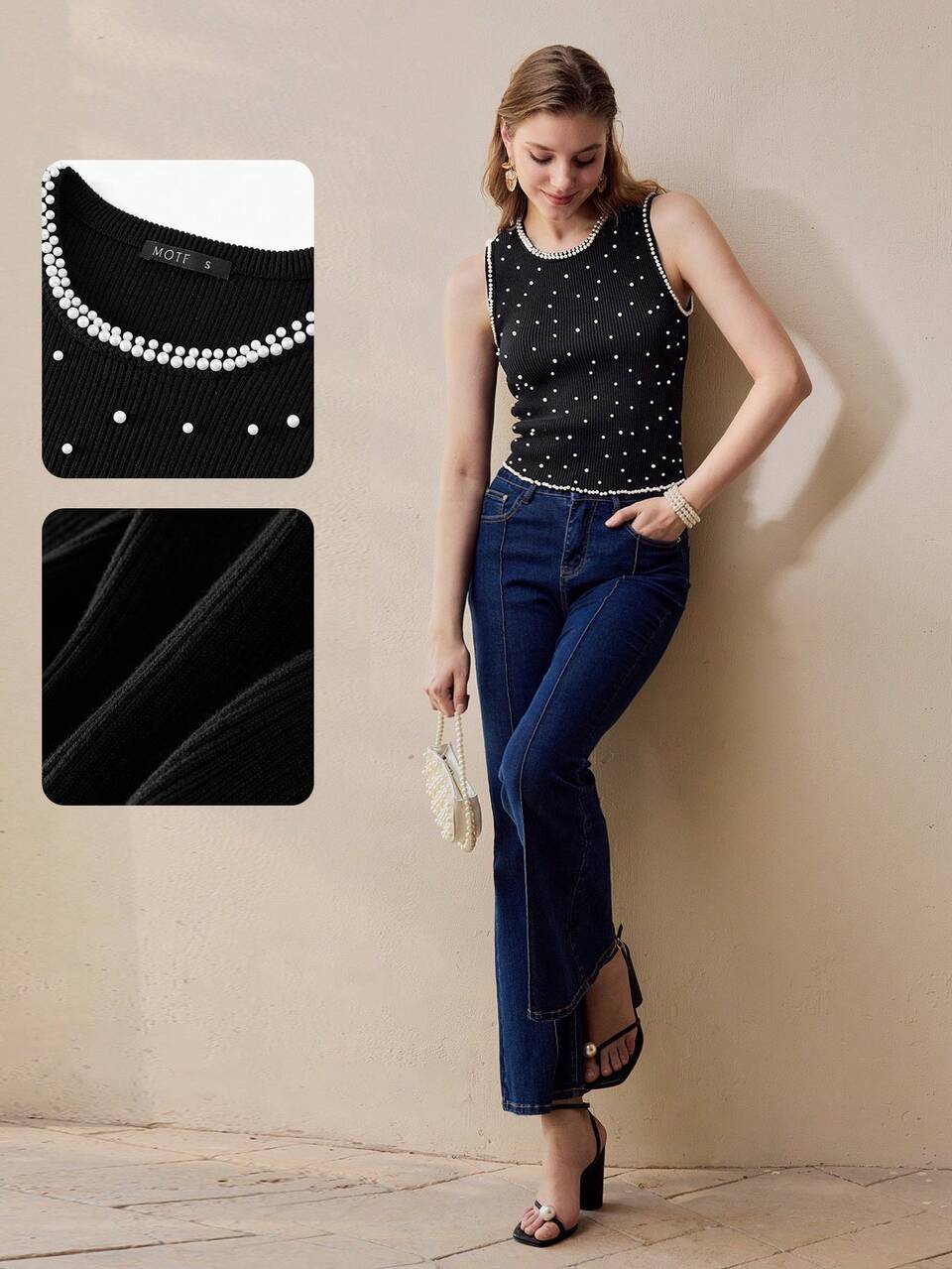 FAUX PEARL BEADED KNIT SWEATER VEST
