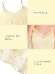 LUVLETTE Yellow Silky Satin Luxurious Lace Trim V-Neck Strappy Camisole Bridal Loungewear Airy Slip Dress Nightdress Lingerie As Outerwear Babydoll