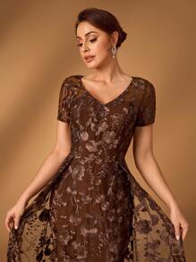 Serin Elegante y lujoso vestido de noche de gasa marrón con parches de encaje bordado en forma de escote en V y cola de sirena con lentejuelas, adecuado para vestidos de noche, fiestas, bodas, luna de miel y madres de la novia