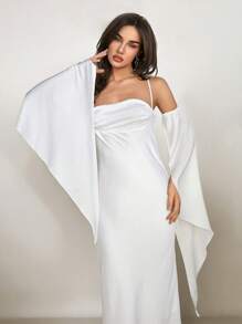 Aloruh Women's Elegant Satin Dress, White, For Wedding, Date, Prom, Backless Spaghetti Strap Flare Sleeve - White - View 5