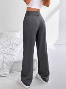 SHEIN PETITE Pantaloni dritti a vita alta con design a bottoni, modello ampio