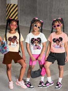 SHEIN Bộ 3 món/Bộ thời trang thường ngày cho bé gái in hình chân dung áo thun tay ngắn và quần short, trang phục hàng ngày cho bé gái - Nhiều màu - Xem 3