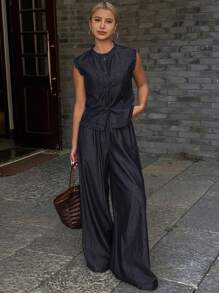 Livesso 女士夏季荷叶边无袖牛仔背心和牛仔裤两件套，休闲街头风，百搭牛仔套装 - 深色水洗藍 - 查看 1