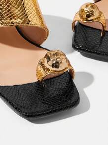 CUCCOO TILAWA Women's Metal Pearl Square Toe Low Kitten Heel Glamorous Sexy Golden Snake Skin Pattern High Heel Slides Sandals, Formal Dress, Fashion Party Beach Resort - Gold - View 11