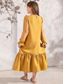 SHEIN Explorewe فستان بأكمام طويلة مناسب للفتيات المراهقات، بياقة مندرين وتطريز زهري وتريم شبكي، مناسب للاستخدام اليومي والعطلات والتجمعات العائلية في فصل الربيع والصيف - أصفر - مشاهدة 2