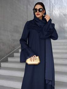 Al Najma Women's Floral Embellished Flare Sleeve Elegant Arabic Style Dress, Arabian Dresses,Modest - Navy Blue - View 1