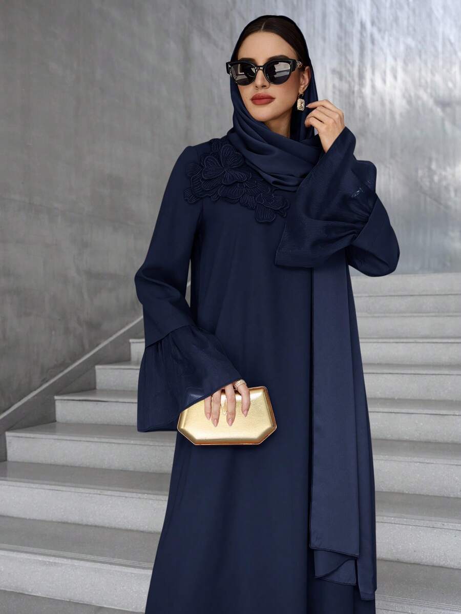 Al Najma Women's Floral Embellished Flare Sleeve Elegant Arabic Style Dress, Arabian Dresses,Modest - Navy Blue - View 1