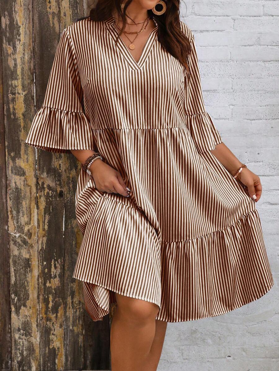 SHEIN Clasi Plus Size Women Striped V-Neck Flare Sleeve Ruffle Hem Casual Dress - Brown - View 1
