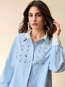 Anewsta Camicia maniche lunghe elegante, casual e da business, con design di primavera ed estate, realizzata artigianalmente con perline sulle unghie, con colore di contrasto blu e bianco versatile, stile chic e vecchio denaro