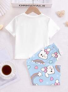 Completo casual casalingo per ragazza pre-adolescente, composto da maglietta a maniche corte e pantaloni, con design carino di coniglio e fiocco, colore azzurro, adatto per l'estate