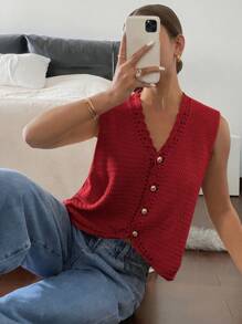 SHEIN Frenchy Chaleco de punto con botones al frente de unicolor simple para mujer