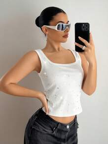 EgrlEra Women's Square Neck Full Crystal Rhinestone Tank Top, Western Style, Suitable For Summer, Cowgirl For Women - White - View 4