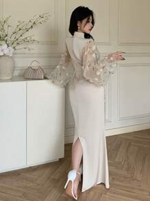 Feyla 女士超长纯色网眼连衣裙，简约时尚，适合夏季 - 香檳色 - 查看 2