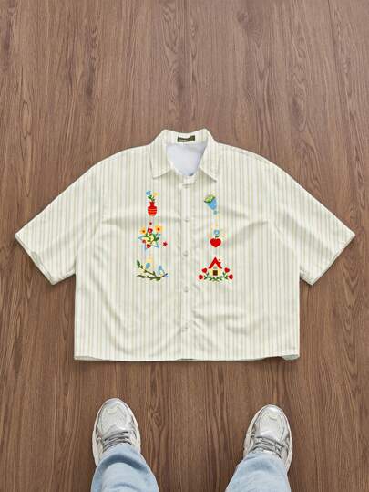 Manfinity RebelGame 标准尺寸男士时尚休闲宽松黄色条纹和图案印花衬衫