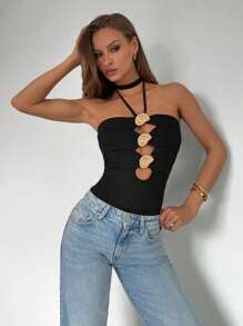 Roylia 女士时尚优雅纯色金属装饰镂空细节抹胸紧身衣