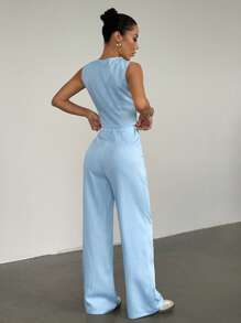 Flirla Casual Commuting Striped Vest And Long Pants Suit Set - Blue - View 2