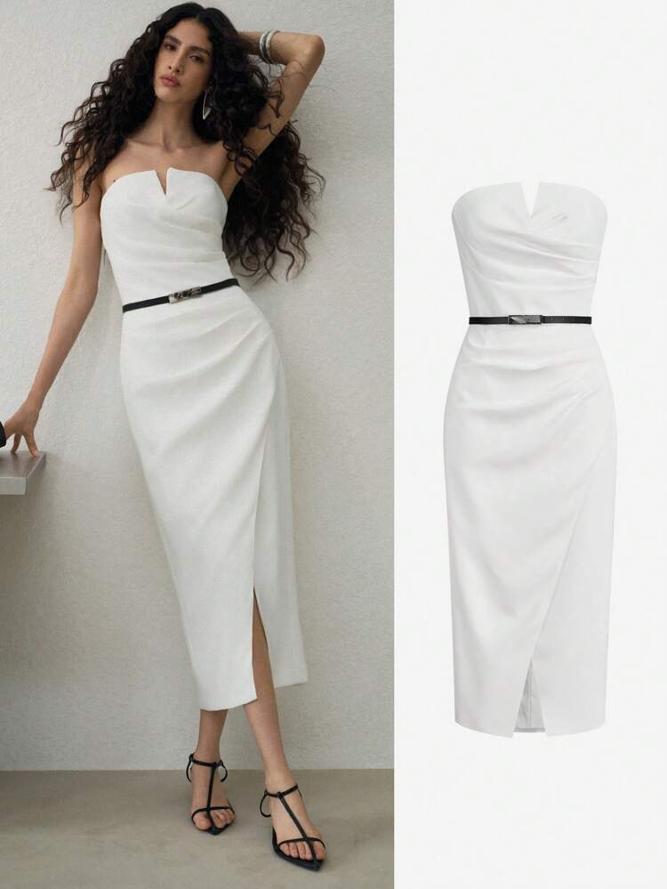 FOLD PLEATED SPLIT HEM TUBE DRESS