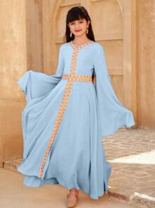 SHEIN 青少年女孩长袖开衩下摆纯色连衣裙，时尚，适合派对、聚会、节日、春夏季 - 淺藍色 - 查看 6