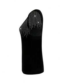 SHEIN Clasi Women's Elegant Rhinestone Square Neck T-Shirt, Stylish And Suitable For Summer - Black - View 3