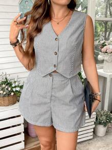 SHEIN LUNE Plus Size Old Money Style Blue & White Stripe Front Buttoned Women Two Pieces Sets Set Teacher Clothes Teacher Outfits Women Clothing Sets Comfortable Cotton Travel Outfit Airport Rave Outfits Festival For Women Country Concert Outfit Nashville Outfits Western Clothes For Women Cowgirl Outfit - Black and White - View 5