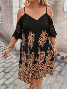 Breezaya 大码 V 领蕾丝袖连衣裙