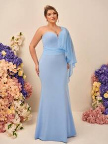 SHEIN Belle Váy phù dâu đuôi cá dài tay bồng bềnh bất đối xứng vai không đối xứng thanh lịch lãng mạn màu xanh cỡ lớn - Màu xanh lam - Xem 6