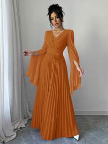 Elenzga Đầm Maxi Nữ Thanh Lịch Lãng Mạn Cổ Chữ V Tay Hở Xếp Ly Trang Phục Nữ - Màu Cam cháy - Xem 4