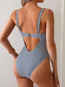 Swim Chiccia 女士修身条纹优雅连体泳衣，带钢圈聚拢罩杯，休闲度假风格，海军蓝条纹