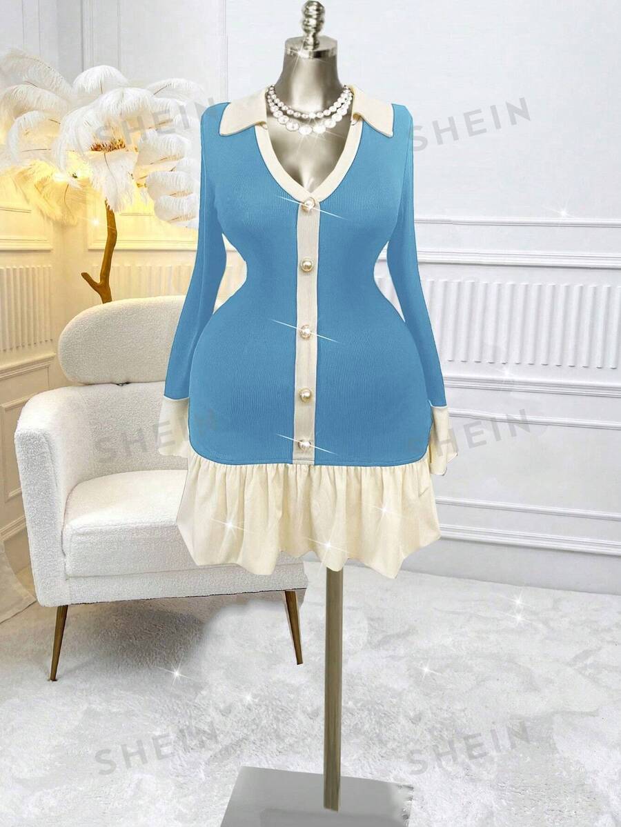 Celure Vestido de diseño de empalme de color contrastante talla grande para mujeres