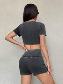 SHEIN EZwear 2 件西部复古水洗黑色运动紧身套装，适合夏季 - 黑色 - 查看 2