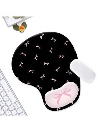 Kawaii Alfombrilla de ratón antideslizante, resistente al agua y de grosor considerable con reposamuñecas, de fondo negro con lazo rosa en estilo femenino