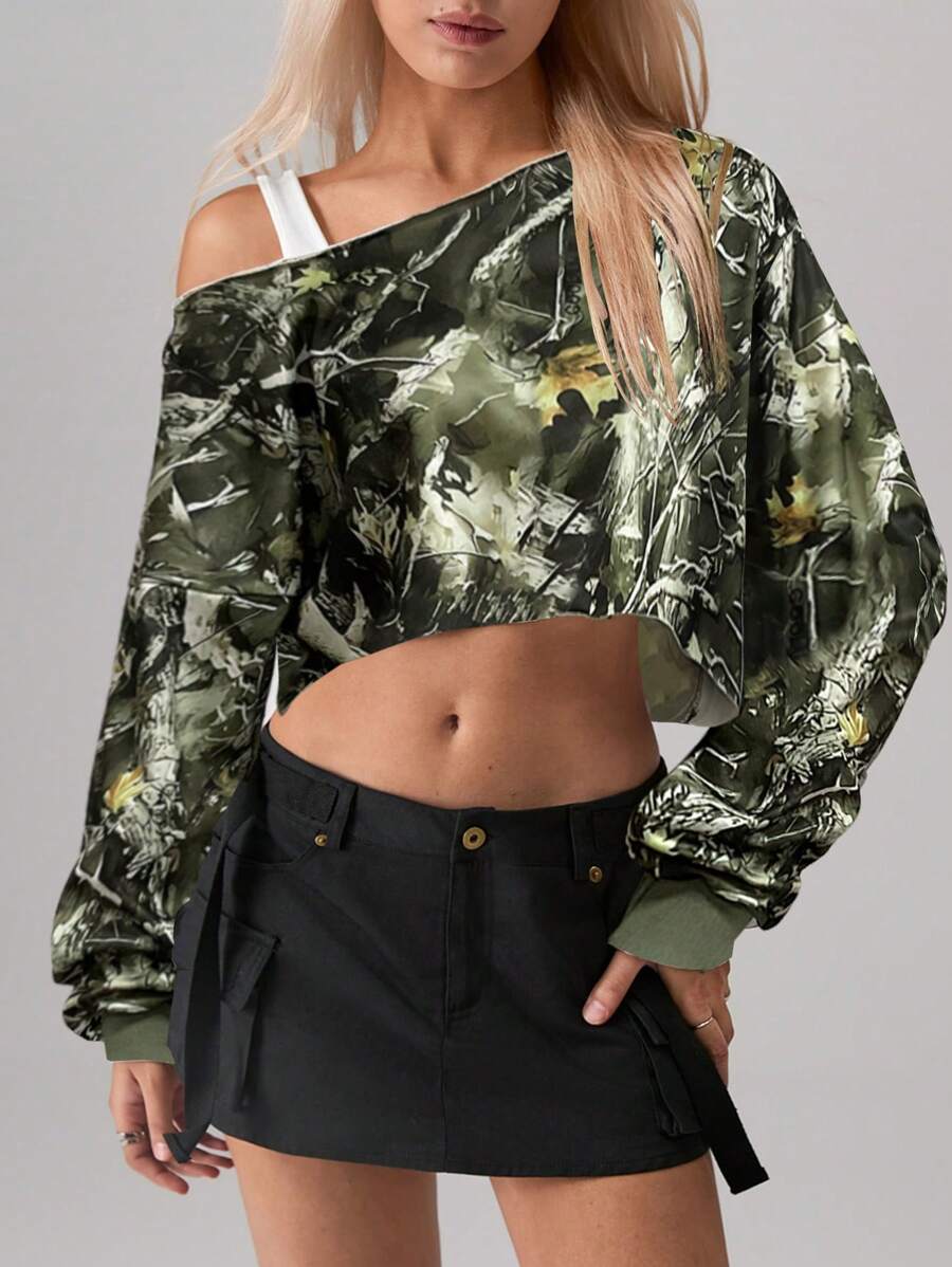SHEIN Unity Women's Branch Print Asymmetric Shoulder Cropped Sweatshirt Pullover Fall - Multicolor - View 1