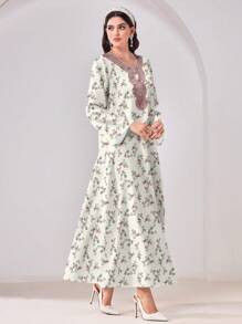 SHEIN Najma Floral Print V-Neck Long Sleeve Modest Arabic Style Dress, Suitable For Spring & Summer - Apricot - View 5