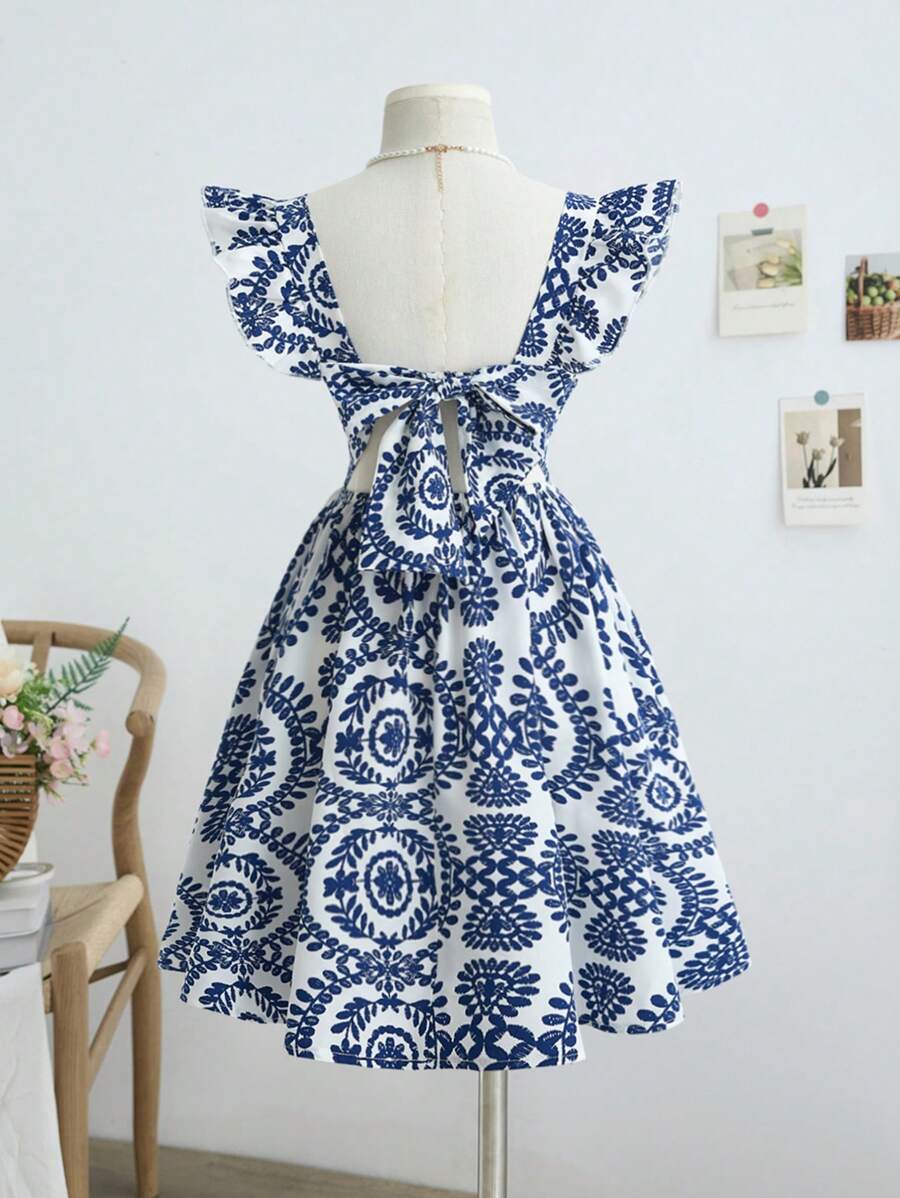 SHEIN Teen Girls Blue & White Plain Woven Square Neck Sleeveless Ruffle Hem Butterfly Back Hollow Out Mini Dress, Suitable For Vacation, Festivals, Lunch, Music Festivals