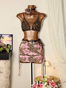 Flirla Sexy Ditsy Floral Drawstring Ruched Bodycon Mini Skirt
