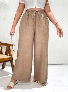 SHEIN Essnce Pantalones anchos de cintura elástica de talle alto, de verano y primavera, de estilo casual, sueltos y cómodos, ligeros y versátiles, para mujer de talla grande, en color caqui, ideales para vacaciones, playa y uso diario - Caqui - Ver 2