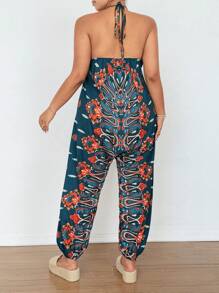 Sunnyshic Mono de talla grande con estampado vintage y espalda descubierta, estilo casual de vacaciones