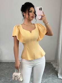 Elenzga Chemise à manches courtes élégante et cintrée à la taille, de couleur unie, simple et , convenant pour l'été - Jaune citron - Voir 1