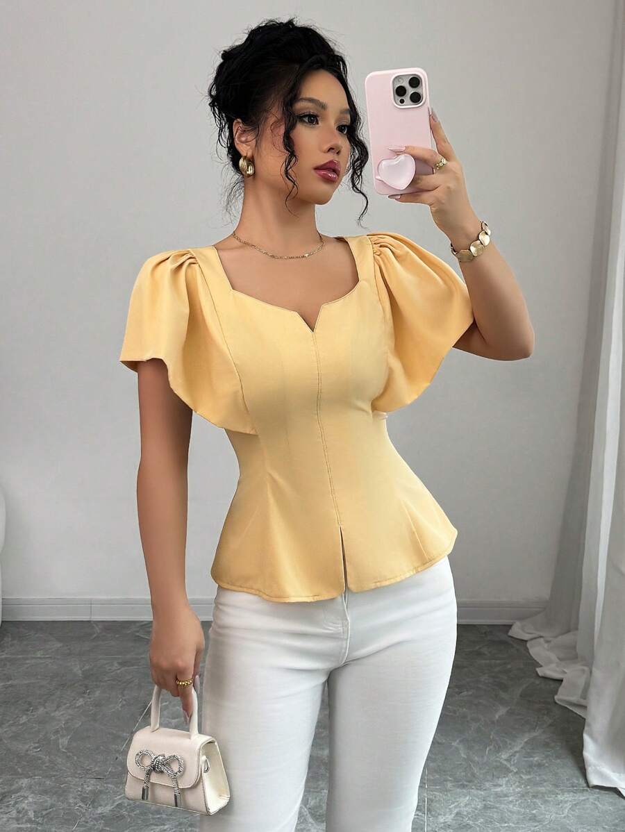 Elenzga Chemise à manches courtes élégante et cintrée à la taille, de couleur unie, simple et , convenant pour l'été - Jaune citron - Voir 1