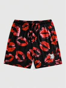 ROMWE MEN Street Life Valentine's Day Lovers Theme Print Mesh Breathable Shorts For Men, Spring/Summer - Black - View 1