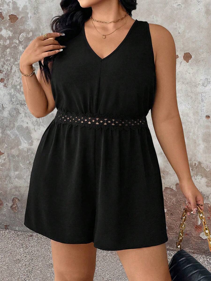 SHEIN LUNE 大码休闲和工作纯色蕾丝边无袖连体衣